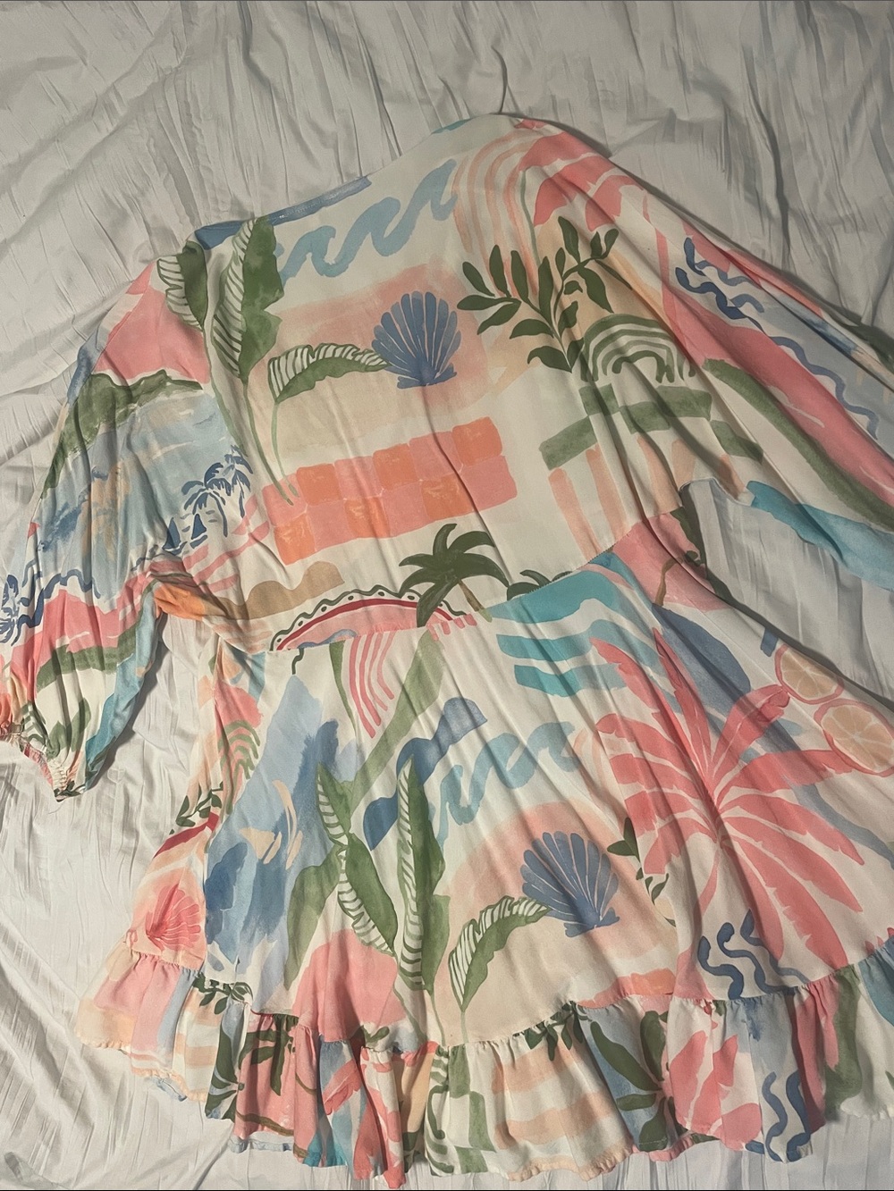 Boho Palm-Print V-Neck Tiered Women’s Tunic Dress in Pastel Multi - Picture 3 of 6